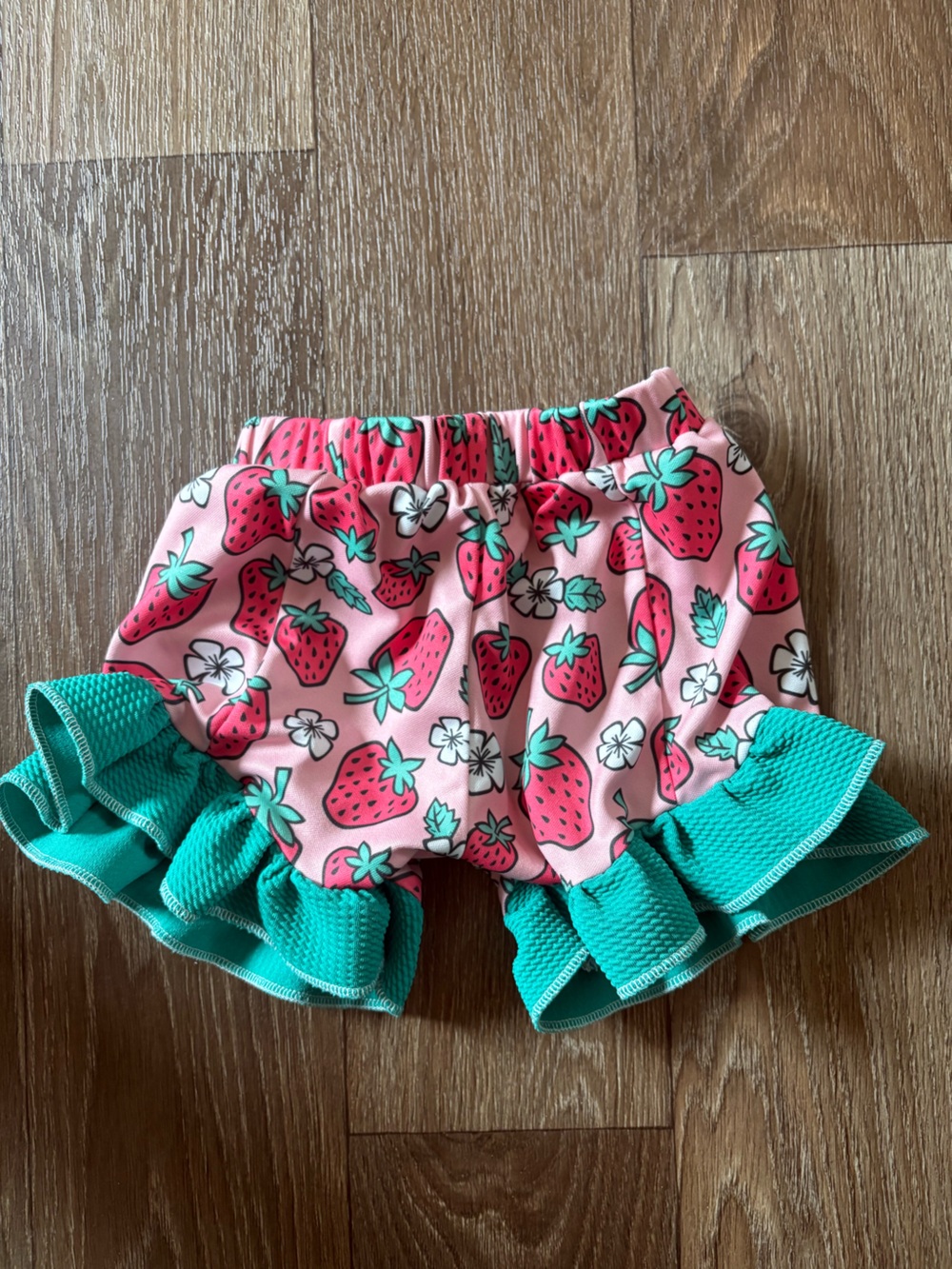 Kids Pink Strawberry shorts with Teal Ruffles